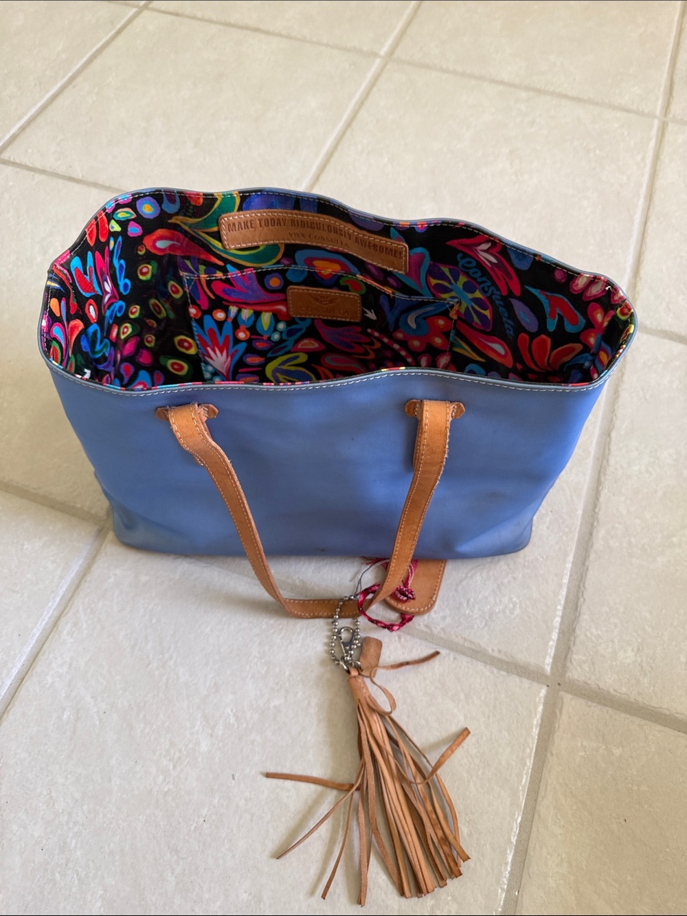 Consuela Periwinkle Tote with Colorful Paisley Interior and Tan Straps